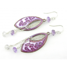 Purple Cheetah Earrings - handmade artisan purple white amethyst enamel on copper Purple, white enamel on copper drop earrings, amethyst and quartz chain dangles