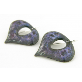 Purple, black enamel on copper earrings inverted drop