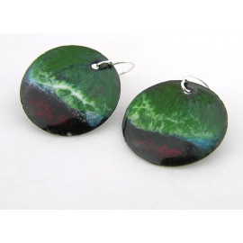 Artisan made red green white enamel on copper disks earrings in sterling silver