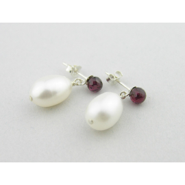 Garnet and Pearl Post Earrings - red garnet gemstone white pearls post sterling silver Handmade post earrings with AAA grade red garnet pearls sterling silver settings