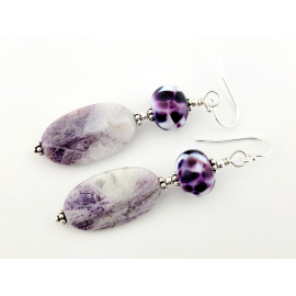 purple and white earrings with artisan lampwork, purple jasper and sterling