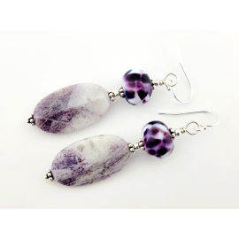 Whirling Purple Earrings with artisan lampwork and purple jasper purple and white earrings with artisan lampwork, purple jasper and sterling