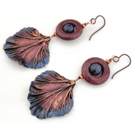 Artisan blue rose copper earrings with polymer leaf mookaite dumortierite