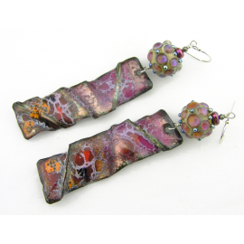 Artisan made rose orange red enamel on copper earrings sterling silver lampwork