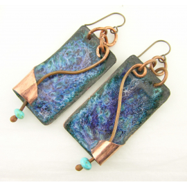 Wraparounds Earrings - handmade artisan organic enamel on copper blue purple turquoise Artisan made blue purple enamel copper and turquoise earrings