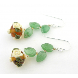 Handmade amber and off-white roses lampwork, green aventurine gemstone, sterling