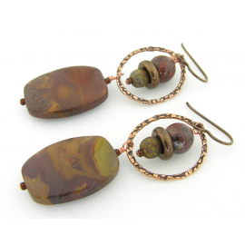 Artisan made gemstone earrings with jasper pietersite Czech glass copper niobium