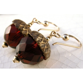 Brown Glass Acorn Earrings Handmade earrings with dark brown Czech glass acorn gold fill fall autumn