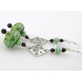 Artisan made lime black earrings with handmade lampwork glass turquoise sterling