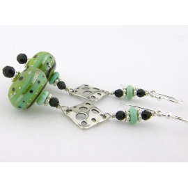 Lime and Dots Earrings Artisan made lime black earrings with handmade lampwork glass turquoise sterling