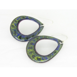 Artisan made blue and lime enamel on copper earrings sterling