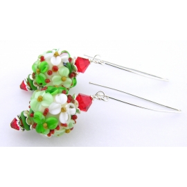 Christmas Florals Earrings Handmade red green Christmas floral earrings with lampwork, crystals, sterling