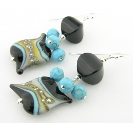 Handmade turquoise black lampwork gemstone earrings with onyx turquoise sterling