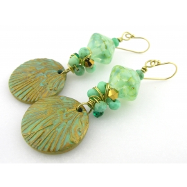 Handmade earrings aqua light green lampwork polymer chrysoprase gold filled