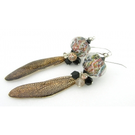 Handmade copper black white earrings lampwork sunstone onyx gemstone sterling