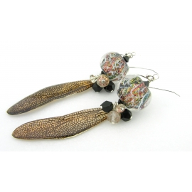 Copper Dragonfly Dreams Earrings Handmade copper black white earrings lampwork sunstone onyx gemstone sterling