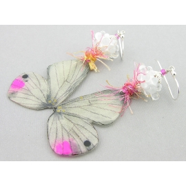Touch of Pink Butterfly Earrings Handmade copper pink white butterfly wing earrings lampwork resin yarn sterling