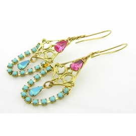 Artisan made turquoise pink rhinestone chandelier brass earrings