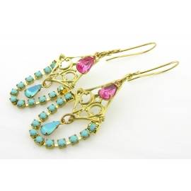 Dreaming of Jeannie Earrings Artisan made turquoise pink rhinestone chandelier brass earrings