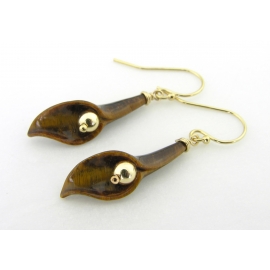 Handmade brown earrings with tiger eye carved lily, gold fill