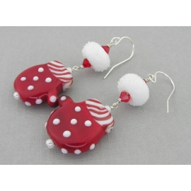 Snowballs and Mittens Earrings Artisan made red white sterling silver earrings with mitten snowball lampwork