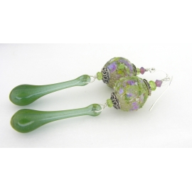 Handmade earrings green purple lampwork peridot gemstone sterling silver