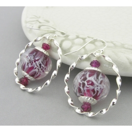 Handmade red, white, silver earrings, lampwork, garnet and sterling