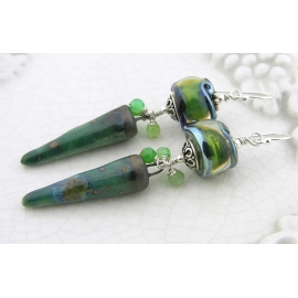 Handmade dark green organic earrings with chrysoprase ceramic spike lampwork