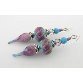 Artisan made rose pink turquoise sterling silver earrings drip lavendar purple