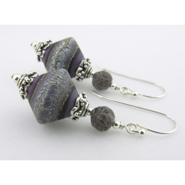 Ancient Purple Earrings Artisan purple white grey earrings with lampwork glass, dinosaur bone, sterling