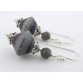 Artisan purple white grey earrings with lampwork glass, dinosaur bone, sterling