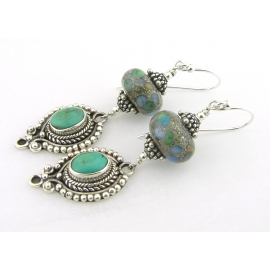 Turquoise Waters Earrings Handmade turquoise green beige earrings dots lampwork beach sterling