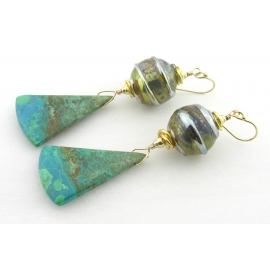 Handmade earrings with turquoise green chrysocolla lampwork gold fill ear wires