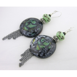 Handmade earrings mint green lampwork black onyx enamel sterling