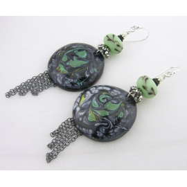 Dark and Swirly Earrings Handmade earrings mint green lampwork black onyx enamel sterling