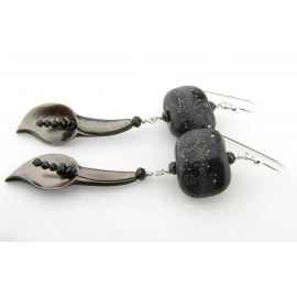 Handmade earrings with lily flowers, lampwork glass, black spinel, sterling