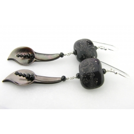 Lilies Noir Earrings Handmade earrings with lily flowers, lampwork glass, black spinel, sterling