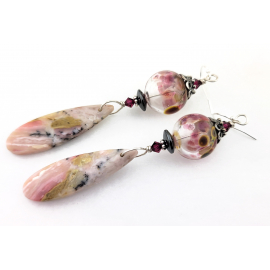 Handmade pink beige black earrings with lampwork, pink opal hematite sterling