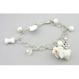 Handmade dog charm bracelet in white sterling silver crystal pearls flower heart