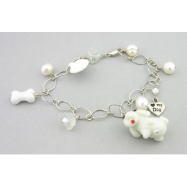 White Dog and Pearls Charm Bracelet Handmade dog charm bracelet in white sterling silver crystal pearls flower heart