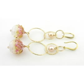 Handmade gold pink earrings with artisan lampwork freshwater pearls gold fill