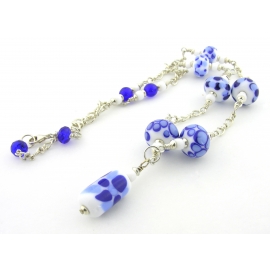 Artisan made blue and white necklace with lampwork and sterling silver