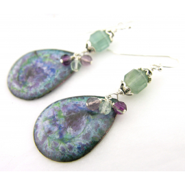 Green, blue, purple enamel on copper, fluorite and sterling earrings