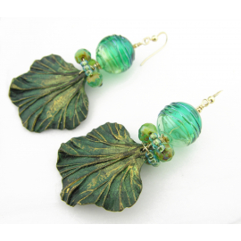 Teal Ombre Earrings - green/gold polymer clay leaf, teal hollow lampwork, Czech glass, gold fill Artisan teal green gold leaf earrings w/artisan polymer, hollow glass, gold fill