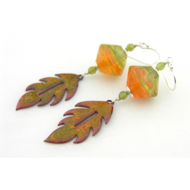 Fall Leaves Earrings - autumn, enamel Handmade artisan autumn earrings with orange green ename leaves sterling glass