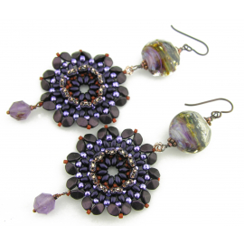 Dark Velvet Flowers Earrings - purple copper bead weave flower super 7