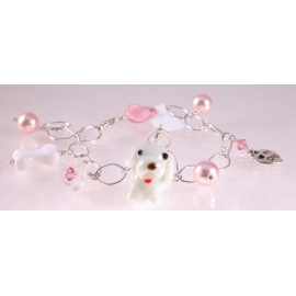 Handmade dog charm bracelet in white pink sterling silver crystal glass pearl