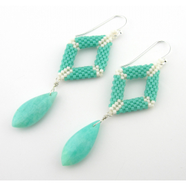 Turquoise Diamonds Earrings - turquoise offwhite seed bead weave amazonite artisan Turquoise Diamonds Earrings - turquoise offwhite seed bead weave artisan srajd