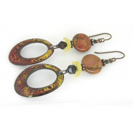 Artisan made red yellow black enamel on copper earrings onyx jasper niobium
