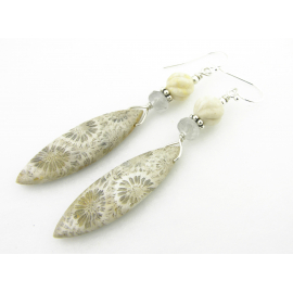 Hand made ivory grey fossil coral quartz river stone sterling earrings